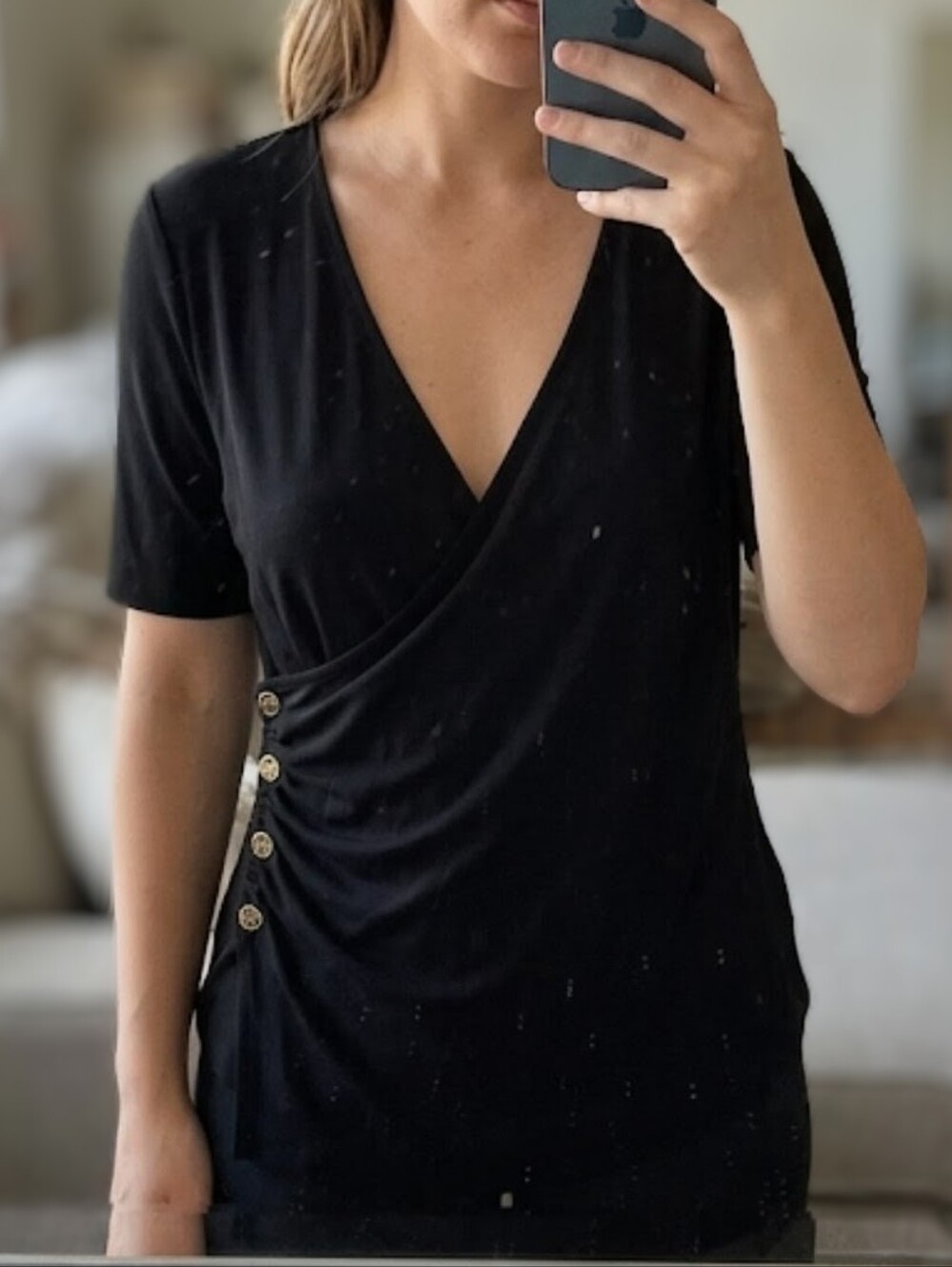 Michael Kors Black Wrap Front Blouse with Gold Button Detail